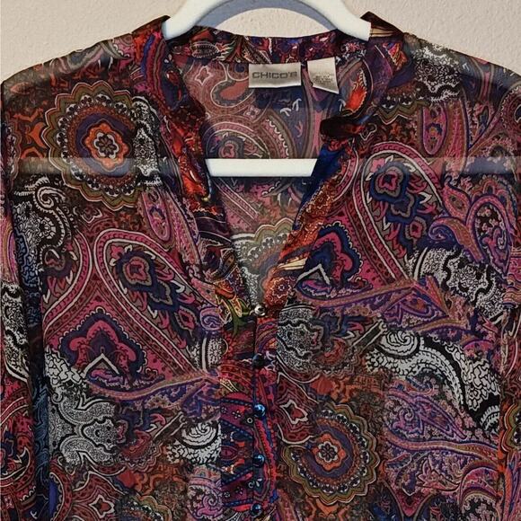 Chico's 100% Silk Paisley Popover Blouse Semi Sheer Floral Silky Trim Women's M - Picture 3 of 7